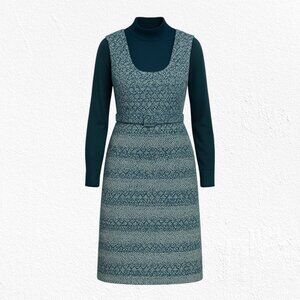 1970s Vintage Green White Tweed Turtleneck Top Cottage Jumper Dress Size 6